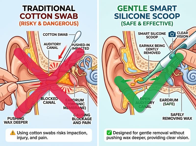 Medical comparison: Risky Cotton Swabs vs Gentle Smart Visual Ear Cleaner